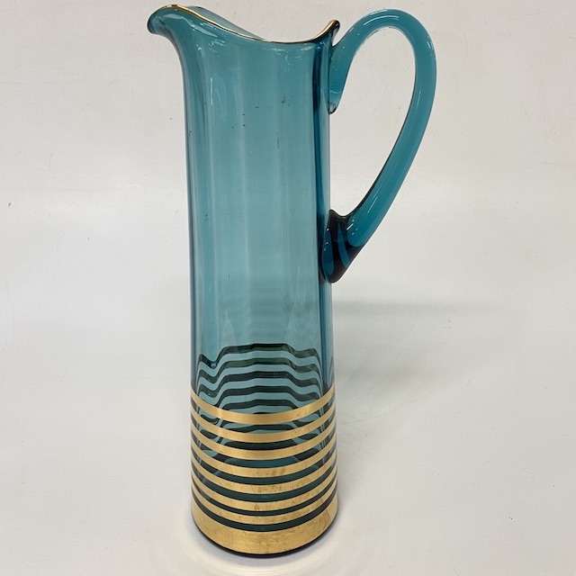ART GLASS (JUG), Blue Aqua Gold Stripe
